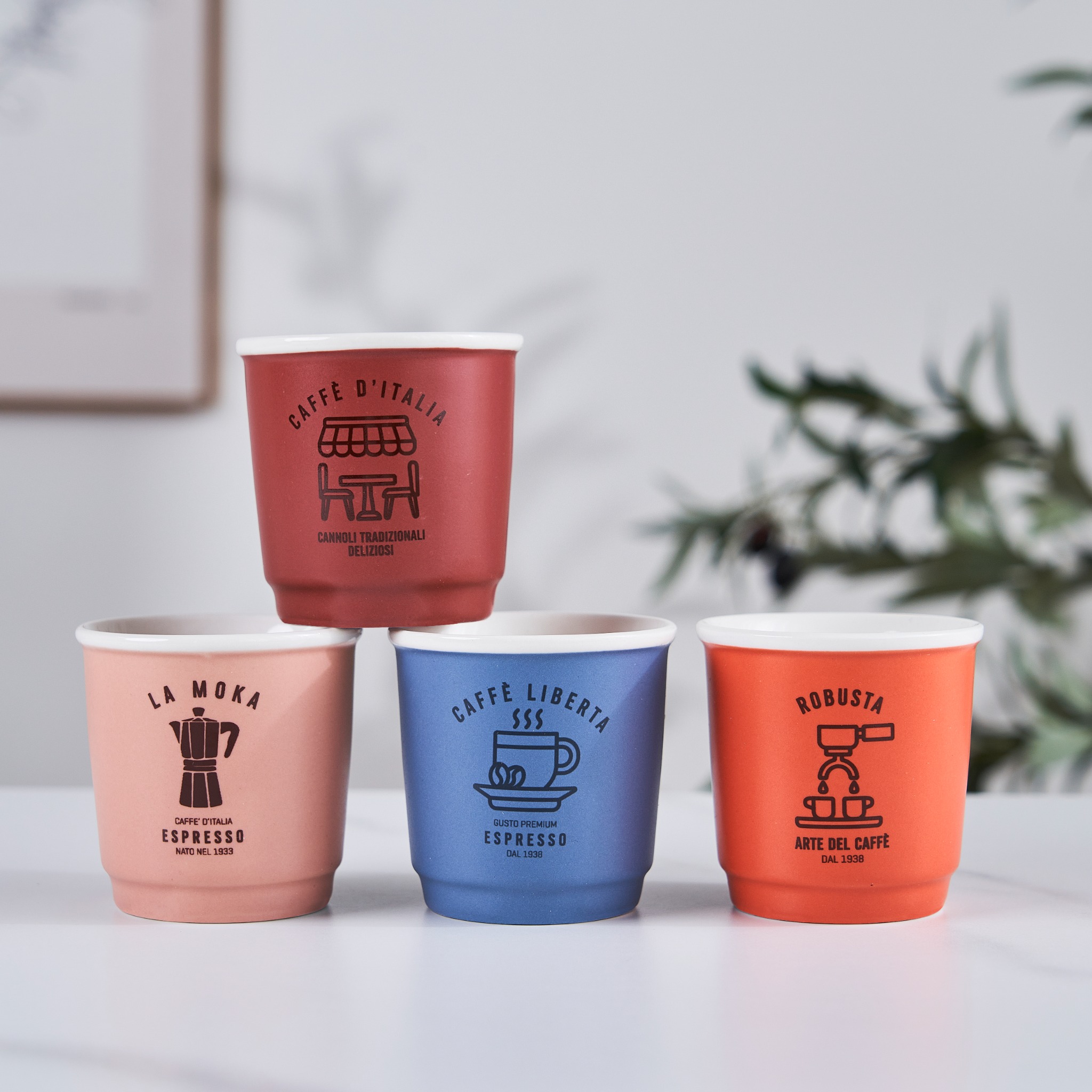 Four colorful espresso cups from the first MISOCU test collection